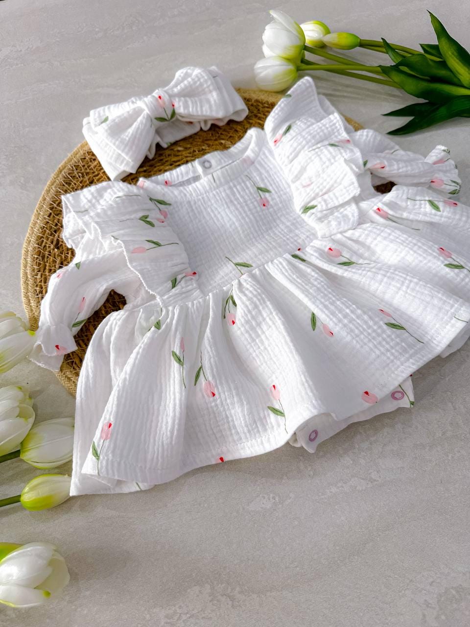 Handmade Organic Muslin Baby Dress — Hypoallergenic, 0–3 Months