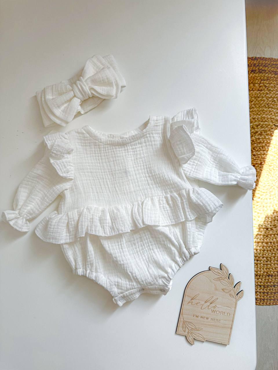 Handmade Organic Muslin Baby Girl Dress — Hypoallergenic, 0–3 Months