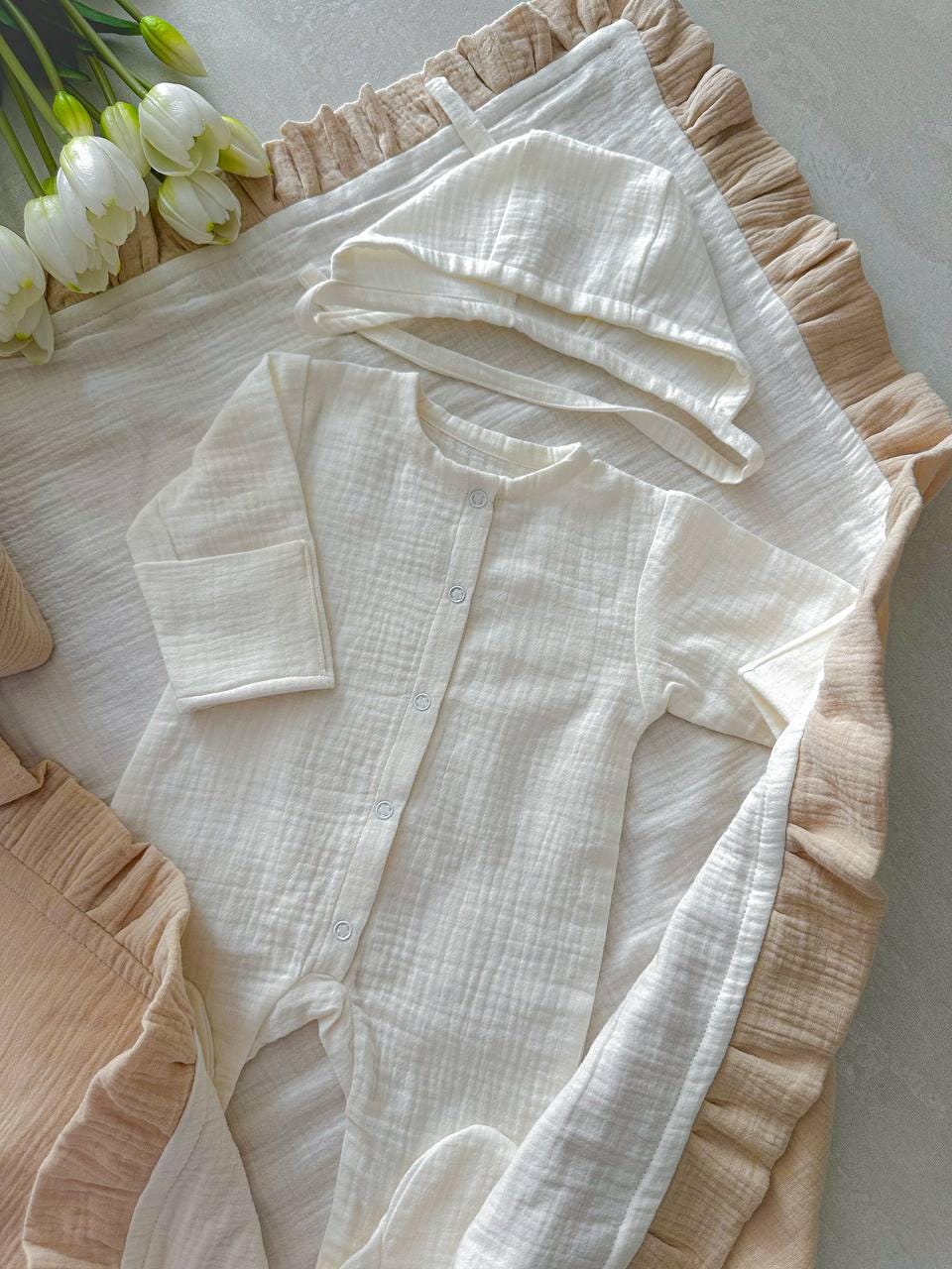 Muslin Newborn Swaddle Set: Organic Cotton Pajamas and Bonnet (0–3 Months)