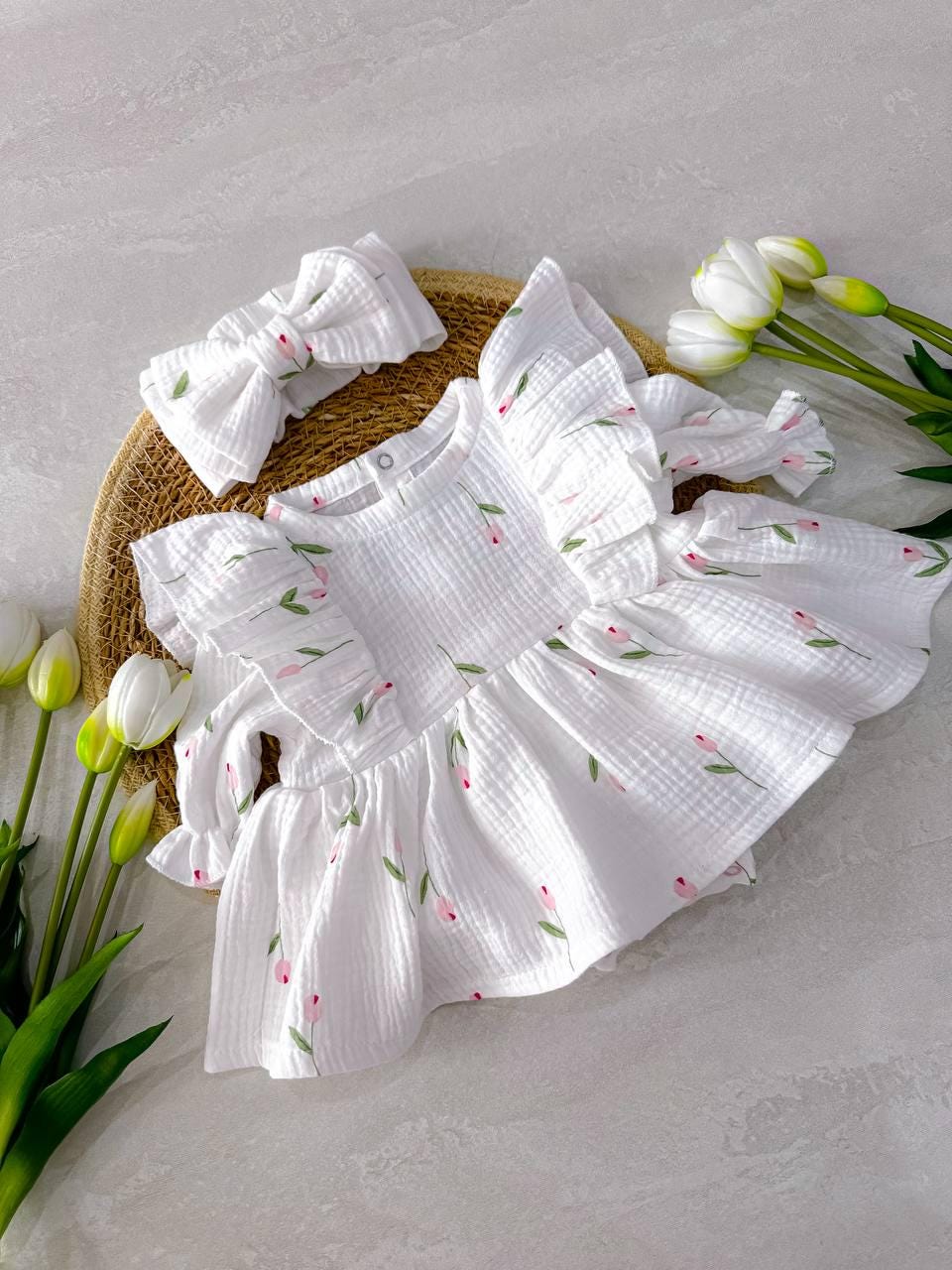 Handmade Organic Muslin Baby Dress — Hypoallergenic, 0–3 Months
