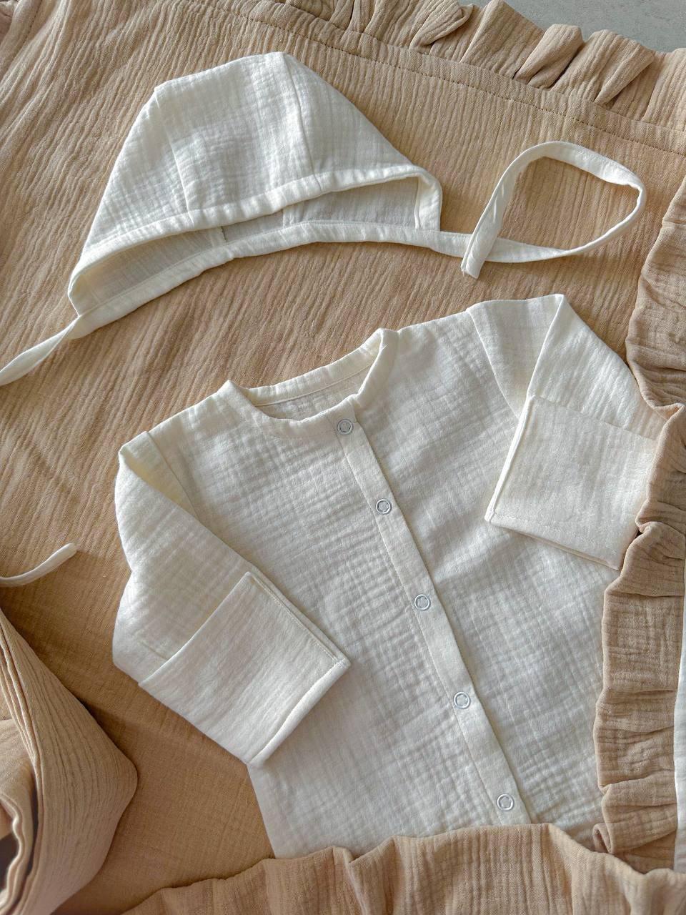 Muslin Newborn Swaddle Set: Organic Cotton Pajamas and Bonnet (0–3 Months)