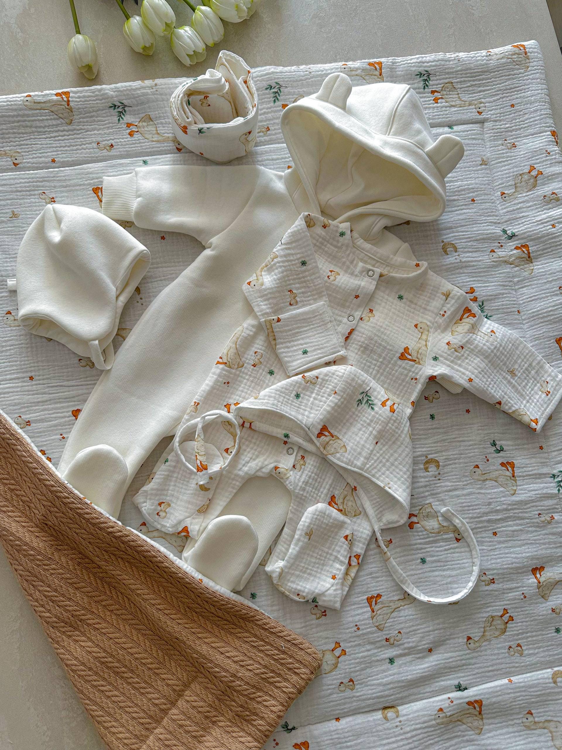 Muslin Baby Set with Swaddles: Organic Cotton Sleepwear and Bonnet (0–3 Months)