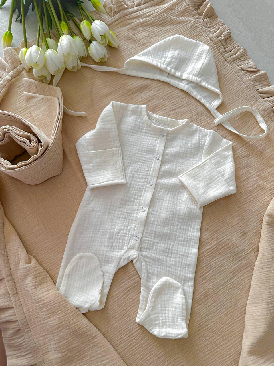 Muslin Newborn Swaddle Set: Organic Cotton Pajamas and Bonnet (0–3 Months)