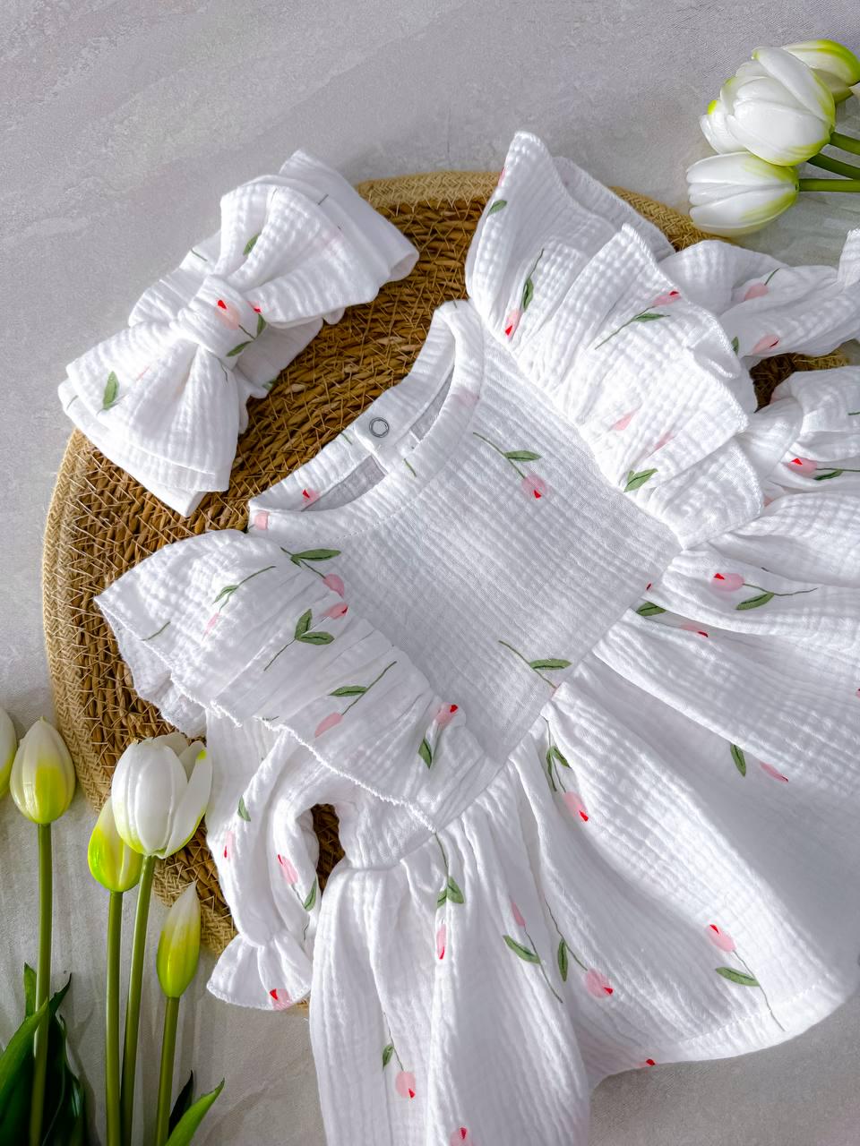 Handmade Organic Muslin Baby Dress — Hypoallergenic, 0–3 Months