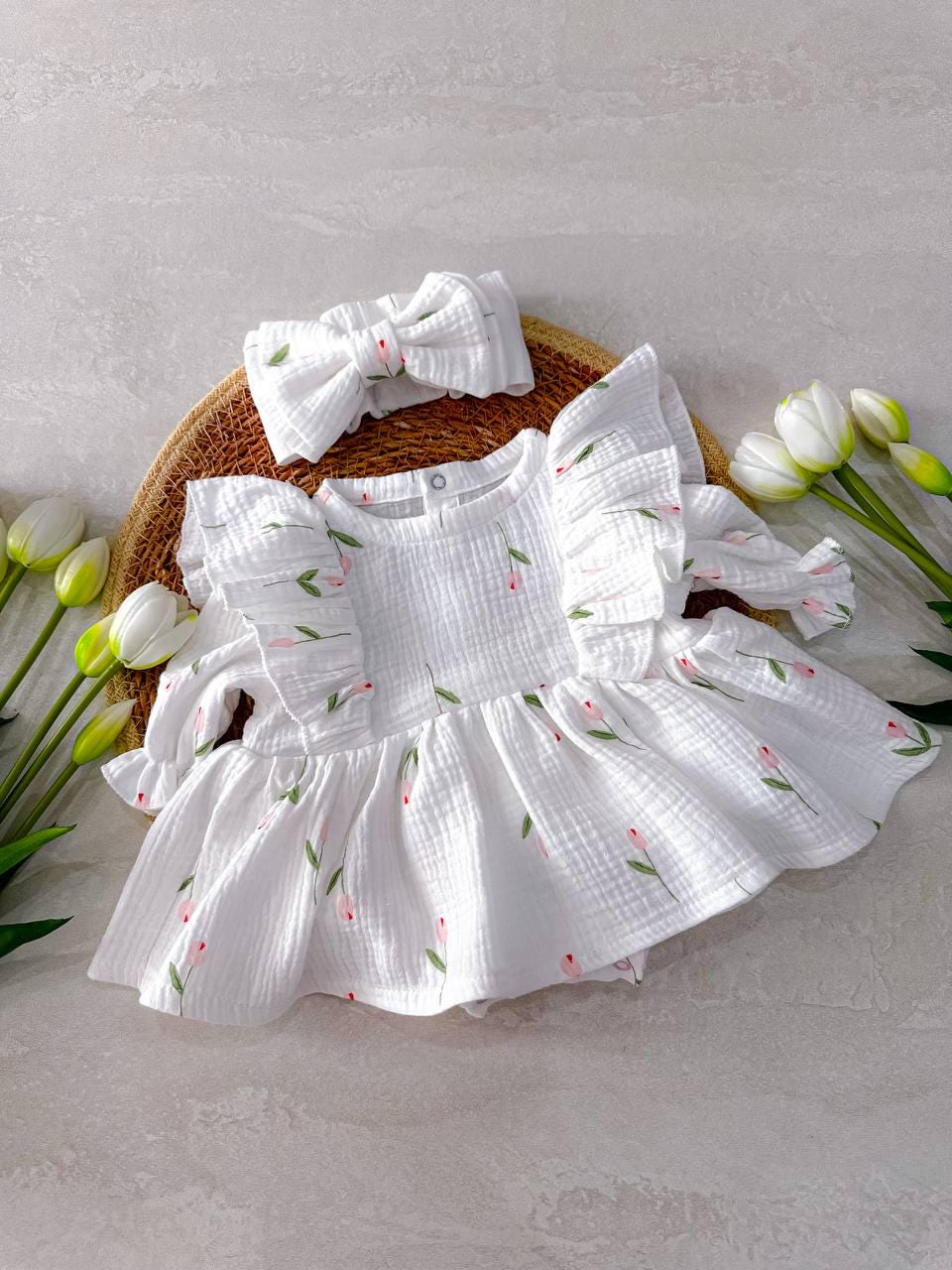 Handmade Organic Muslin Baby Dress — Hypoallergenic, 0–3 Months