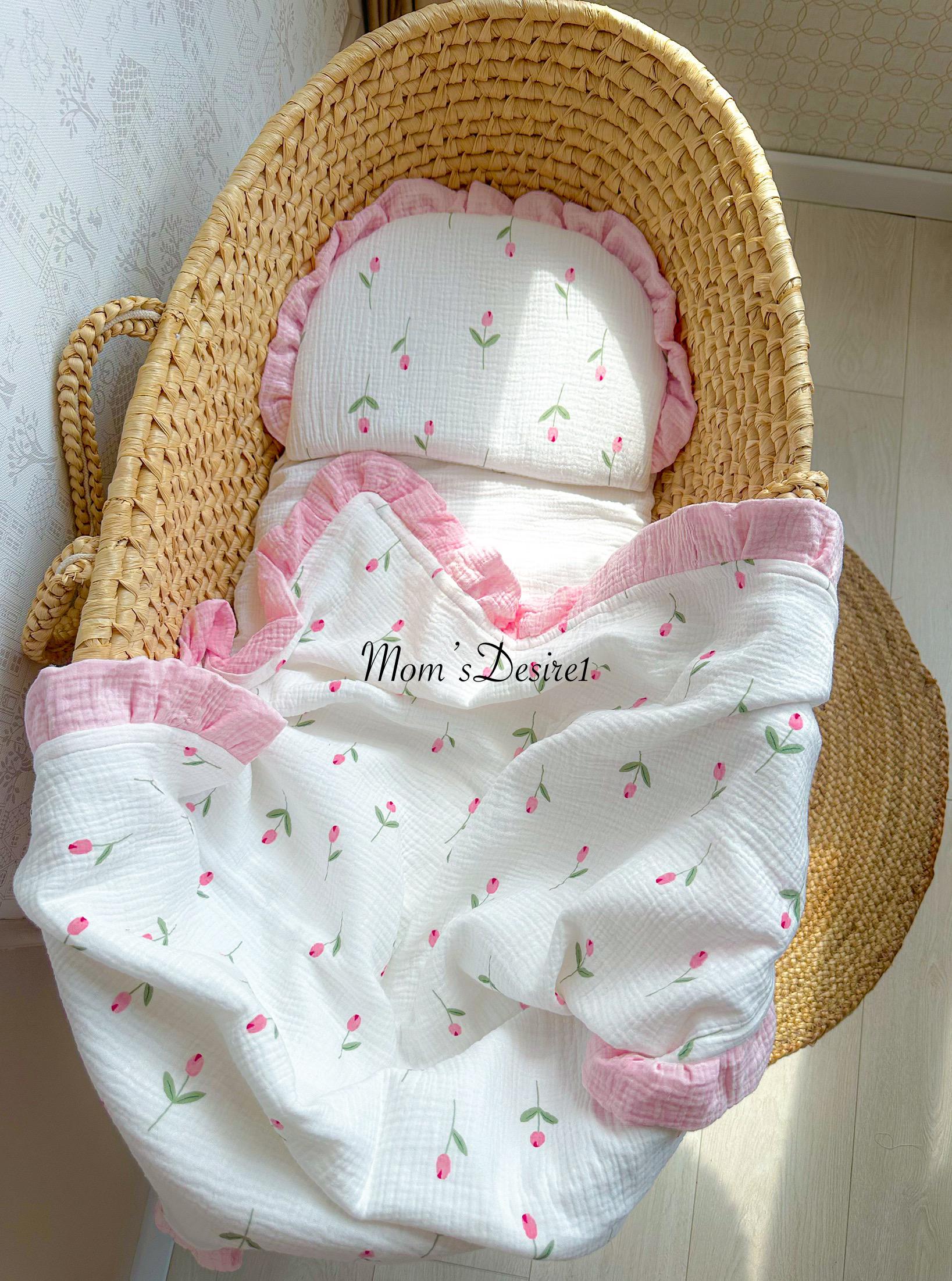 Muslin Stroller Set: Organic Baby Blanket, Pillow, and Fitted Sheet