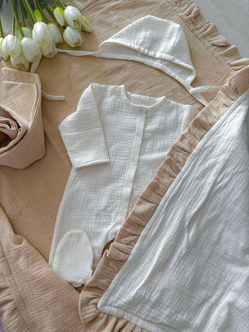 Muslin Newborn Swaddle Set: Organic Cotton Pajamas and Bonnet (0–3 Months)