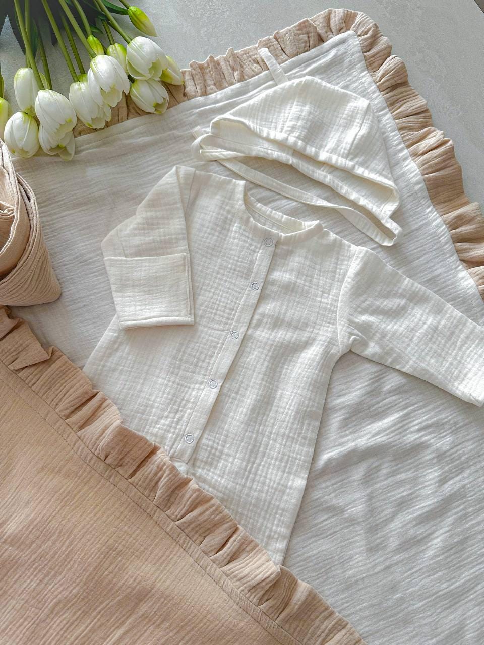 Muslin Newborn Swaddle Set: Organic Cotton Pajamas and Bonnet (0–3 Months)