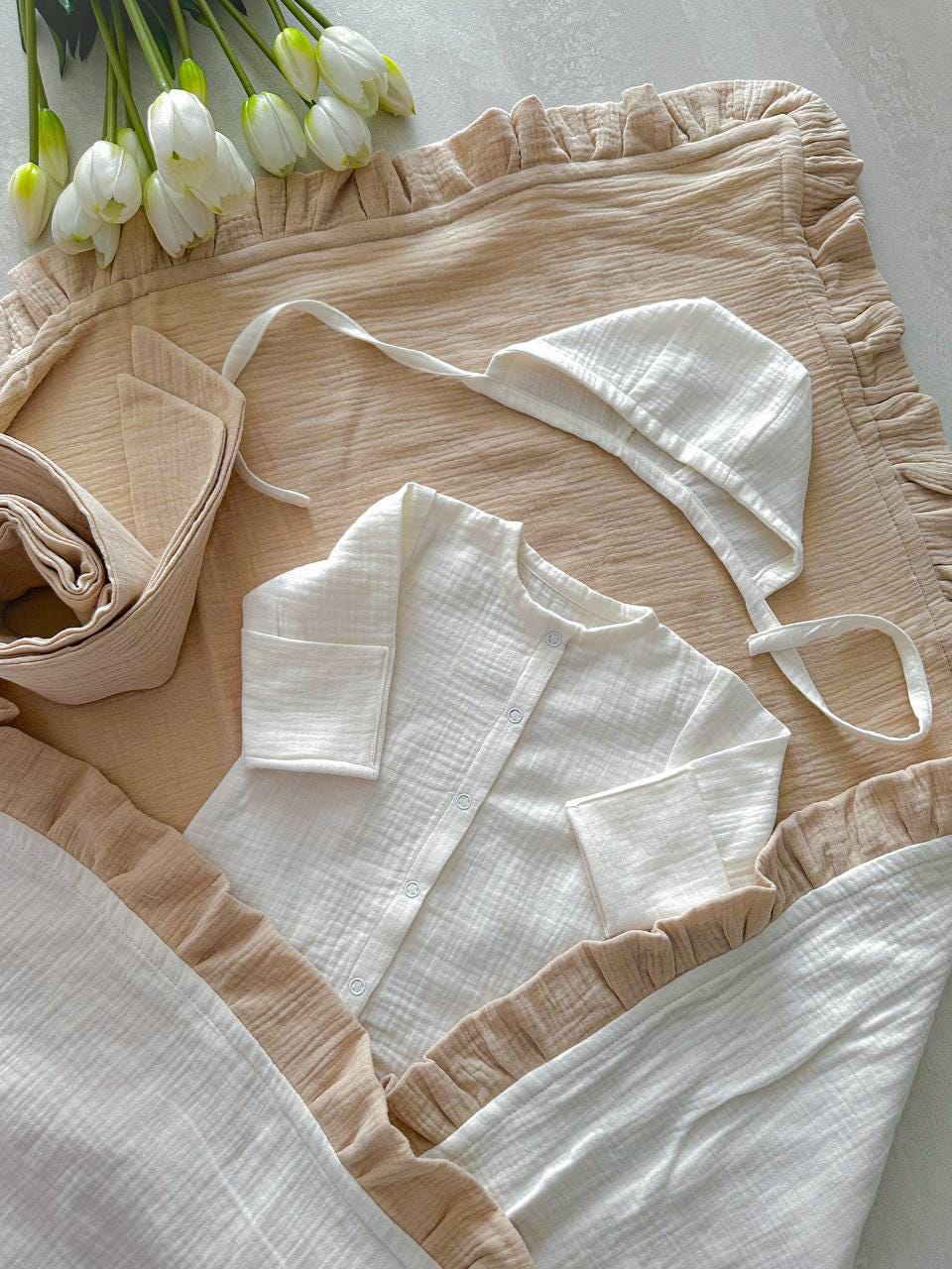 Muslin Newborn Swaddle Set: Organic Cotton Pajamas and Bonnet (0–3 Months)